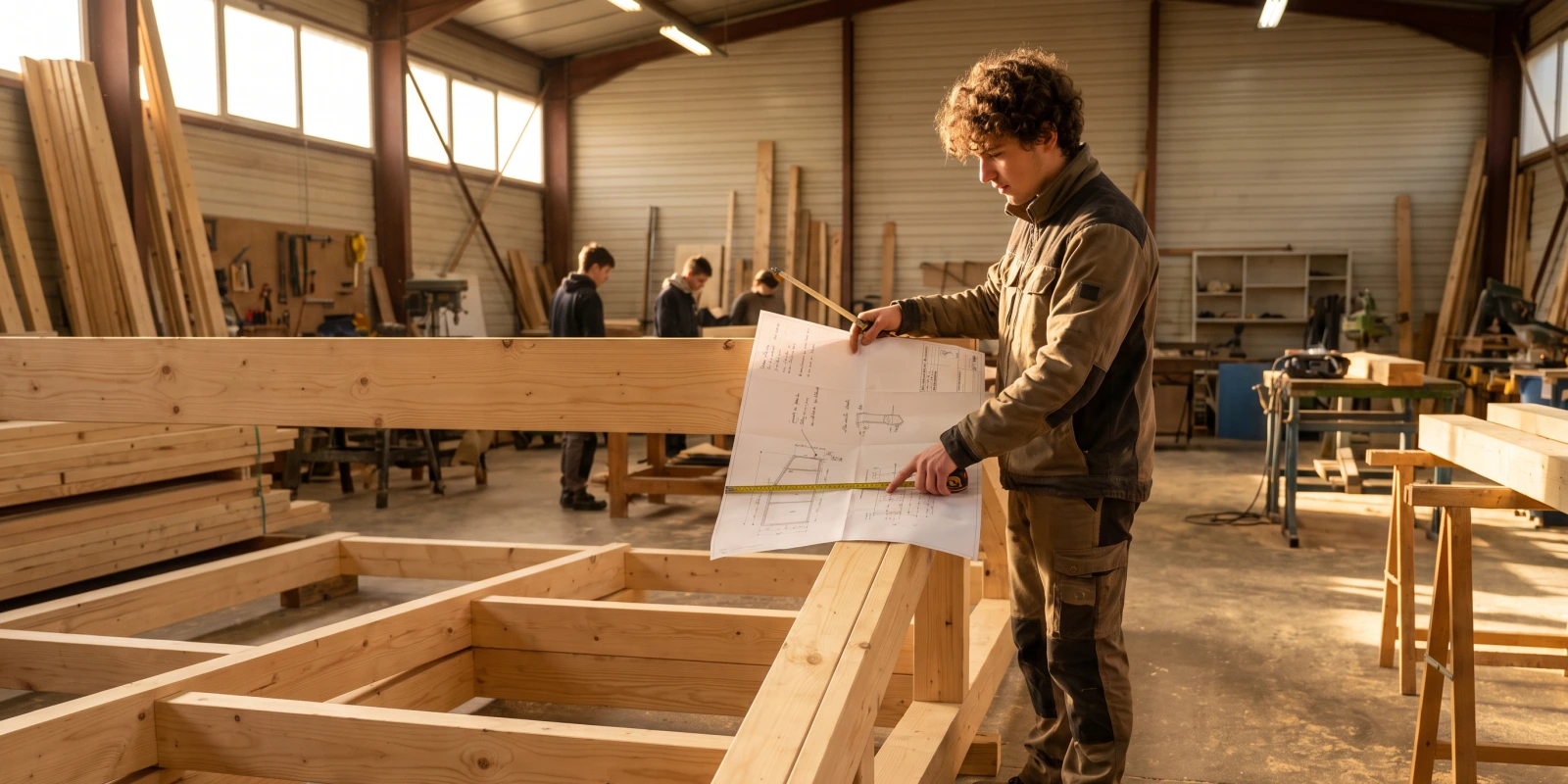 Qu'est-ce que le BTS SCBH ? Un jeune homme compare un plan et une ossature en bois dans un atelier